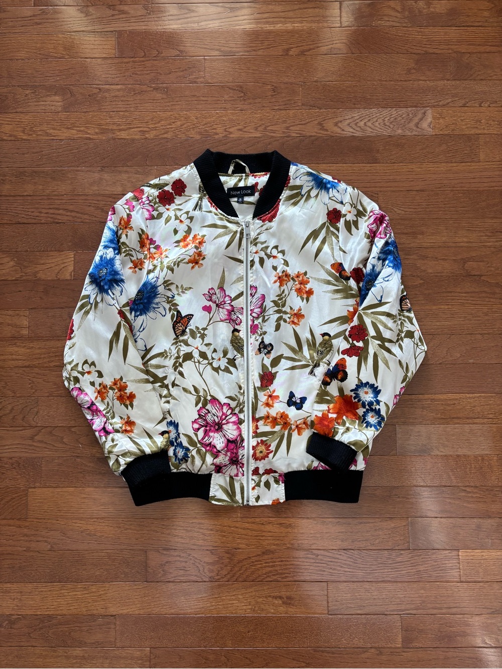New Look Ivoral Satin Bomber Jacket with Bird and Botanical Print